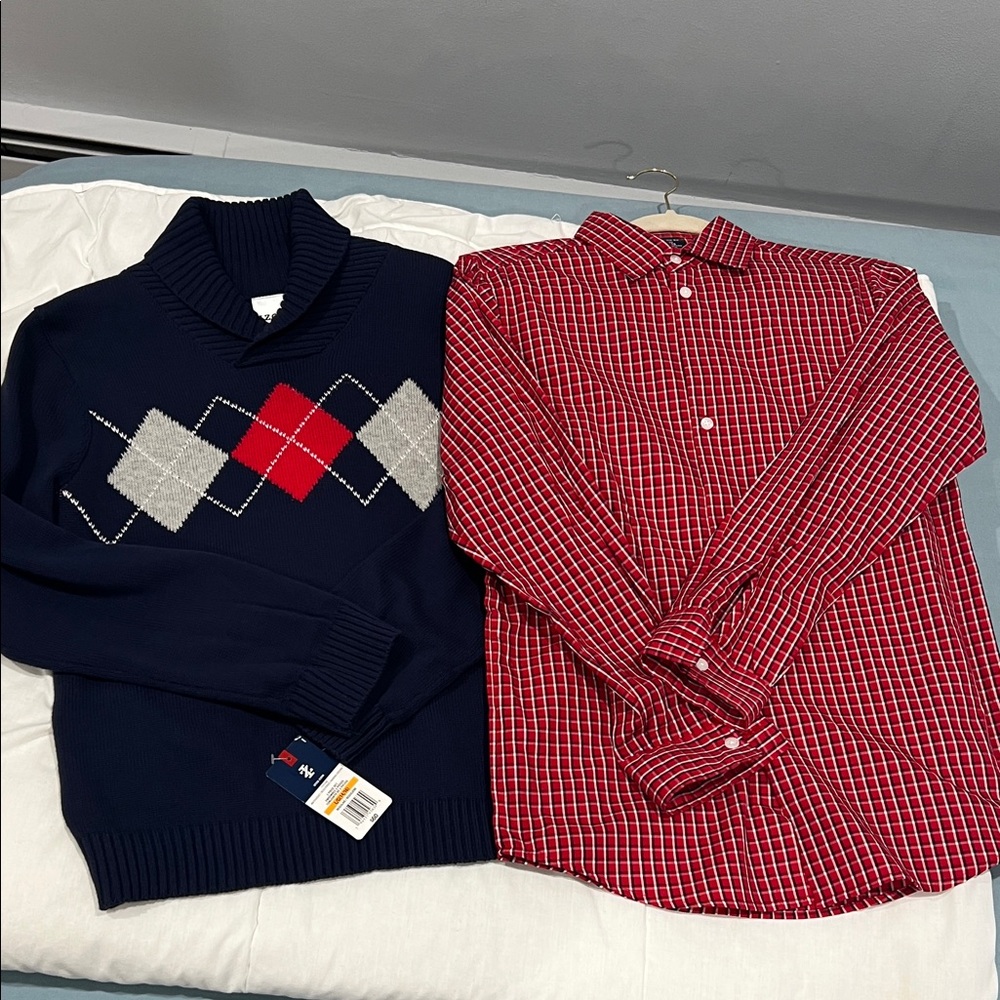 Izod Navy Argyle Sweater and Red Checkered Shirt Set